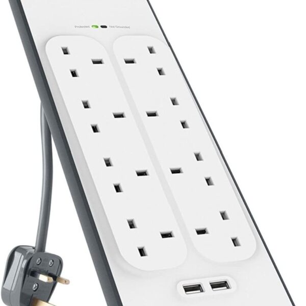 Belkin 8-Way Surge Protection Strip with 2 Meters cord length - Heavy Duty Electrical Extension Socket with 2 x 2.4 A Shared USB Ports, Durable 14AWG capacity with On/Off Switch