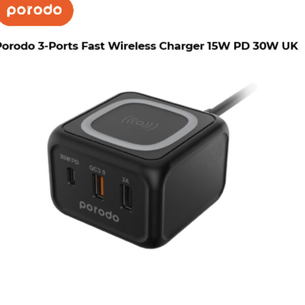 Porodo 3-Ports Fast Wireless Charger 15W PD 30W UK- Black