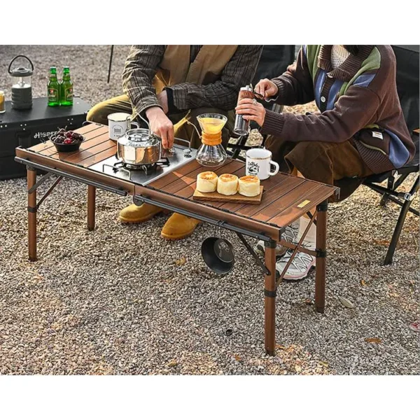 Porodo Lifestyle Portable Folding Camping Table with Detachable Stove and Mesh, 150kg Load Capacity, 45.5 to 58cm Height Range, Aluminum Material - Brown