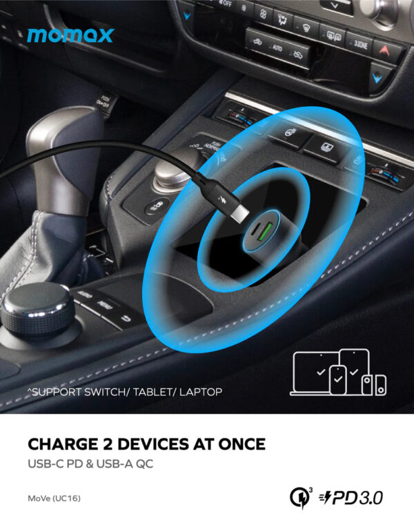 MOMAX MOVE 67W DUAL PORT CAR CHARGER SPACE GREY - Image 2