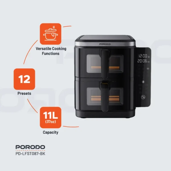 Porodo Lifestyle Double Stack Air Fryer with 12 Presets - Black - Image 3