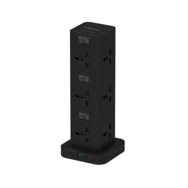 Porodo Three-Story 12AC Power Hub With USB-C PD & Quick Charge 3.0 - Black