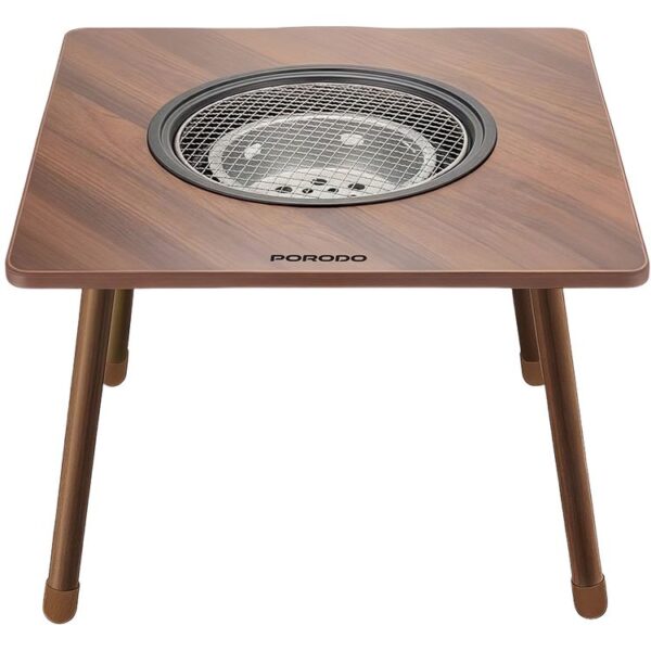 Porodo Lifestyle Multi-Purpose Outdoor Square Grill Table with Heat Shield Ring, Removable Charcoal Bowl, Carbon Steel Material - Brown