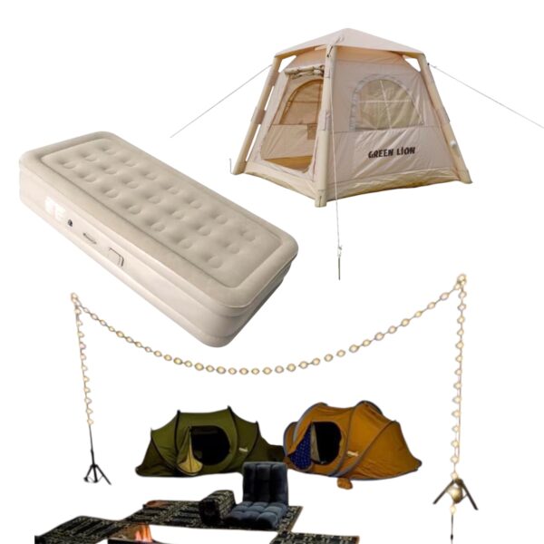 Camping Set - 3 in 1 Tent with the Strip Light and Inflatable Mattress