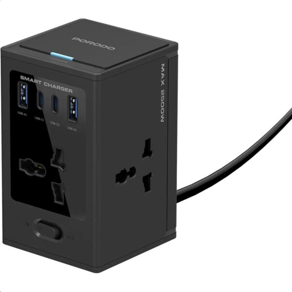 Porodo Universal GaN Multi-Port Cube Adapter with 4 AC Sockets - Black