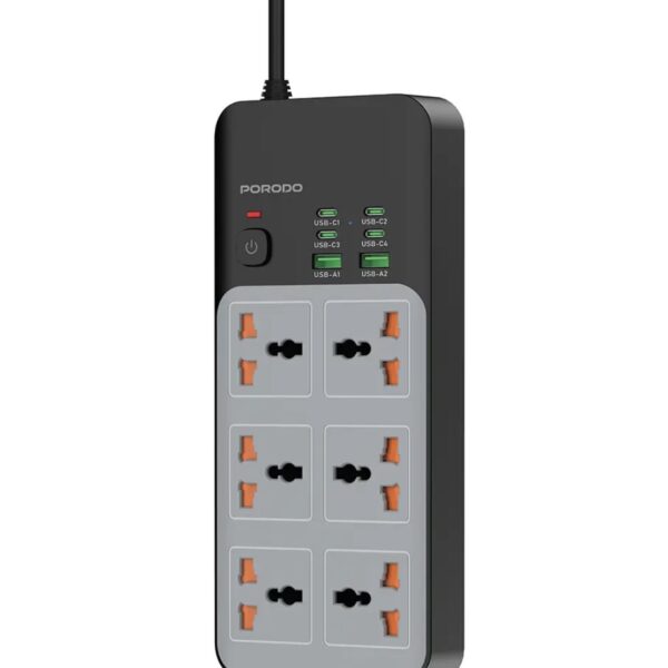 Porodo 3000W | 6AC Universal Power Strip with 6 USB Ports (4C + 2A) - Gray
