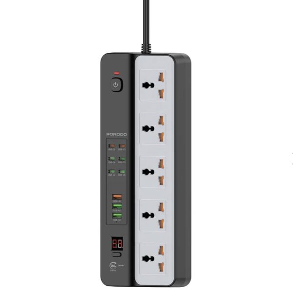 Porodo 3000W | 5AC Universal Power Strip with 9 USB Ports (6C + 3A) - Black