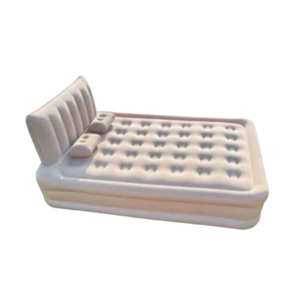 inflatable air mattress with an integrated headboard and pillows.