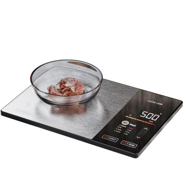 Green Lion Smart Food Scale with Advanced TFT Touch Display, Stainless Steel Surfaces, 60 Preloaded Food Options, Instant Tare Function, Multi-Unit Support, Stainless Steel + HIPS Material, Bluetooth Version 5.2, 4×AAA Batteries, 120 sec Auto Shut Off - Black