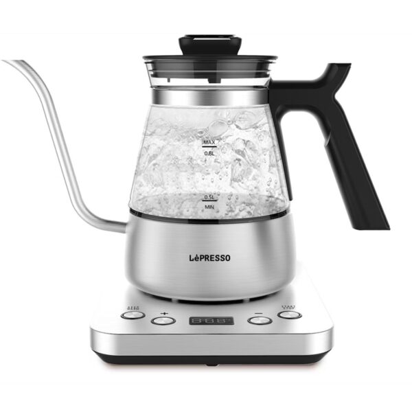 LePresso BrewWave Gooseneck Electric Kettle with Digital Base, Keep Warm Function, 800mL Capacity, Vacuum Double-Layer Insulation, Digital Temperature Control, Boil Dry Protection - Silver