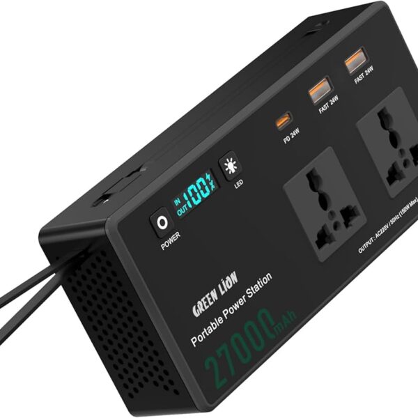 Green Lion Volt Mate Power Bank 27,000mAh, 24W USB-A, 150W AC Outputs Power Station, PD 60W USB-C Cable, 2-Mode Flashlight, 75lm Brightness, Digital Display, Cooling Fan, Carry Strap - Black